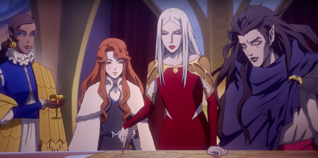 Four vampires looking down over a map, from the animated series Castlevania.