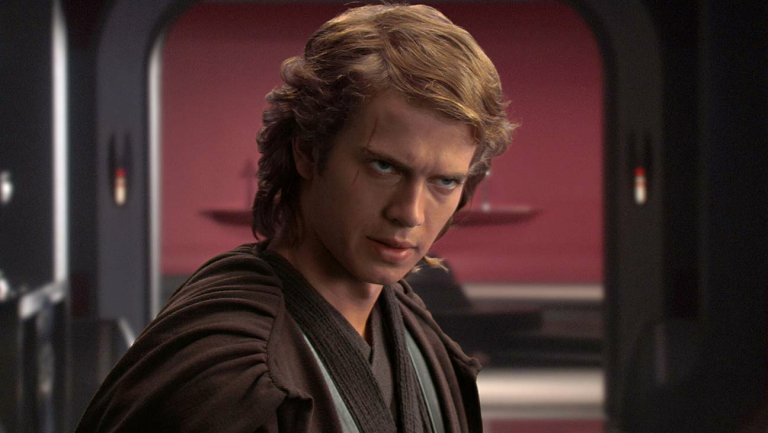 This image is from The Star Wars Saga. Anakin Skywalker throws an angry stare outside the Chancellor's office.