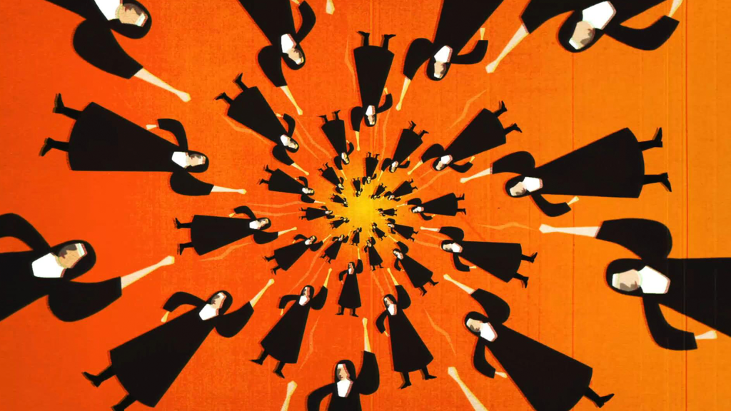 A still from the film Rebel Hearts. there is a bright orange background and a parade of nuns dressed in their long black uniform circling into the distance. it almost looks like a black hole pulling the nuns in.