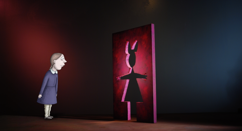 A cartoon image of a young girl wearing a dress and knee-high socks. She looks towards a cutout image of a figure framed in a red doorway.